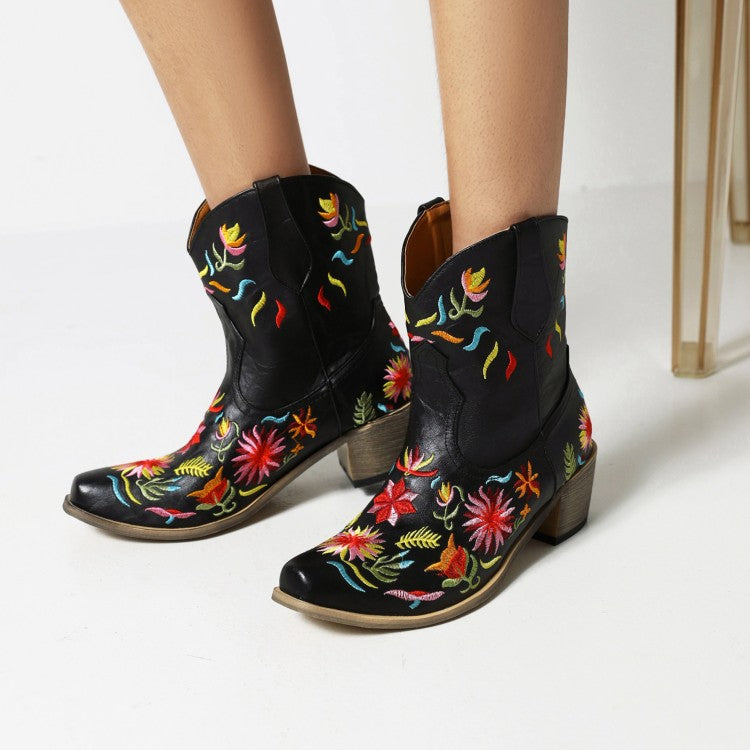 Women's Ethnic Embroidery Block Heel Cowboy Short Boots