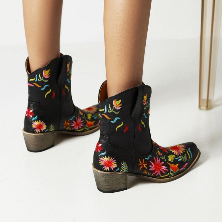 Women's Ethnic Embroidery Block Heel Cowboy Short Boots