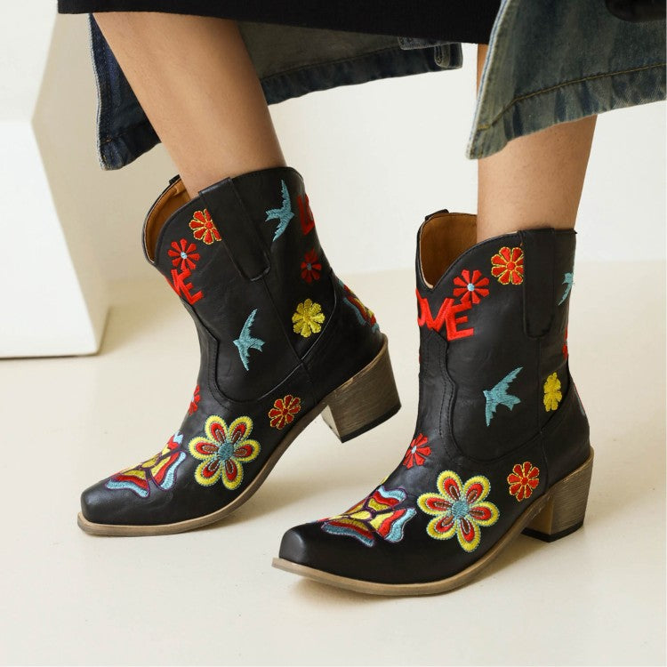 Women's Ethnic Embroidery Puppy Heel Cowboy Short Boots