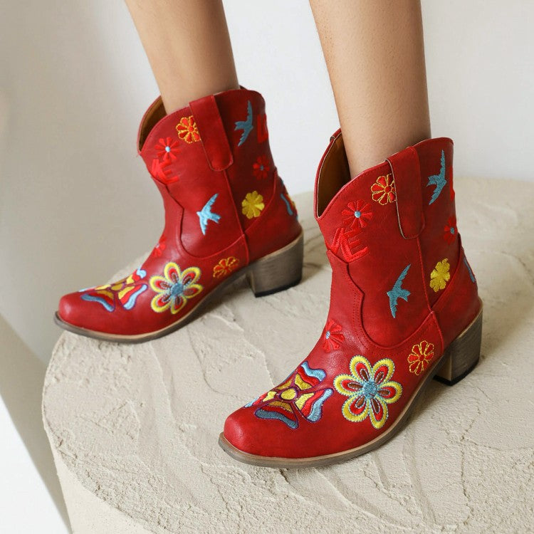 Women's Ethnic Embroidery Puppy Heel Cowboy Short Boots