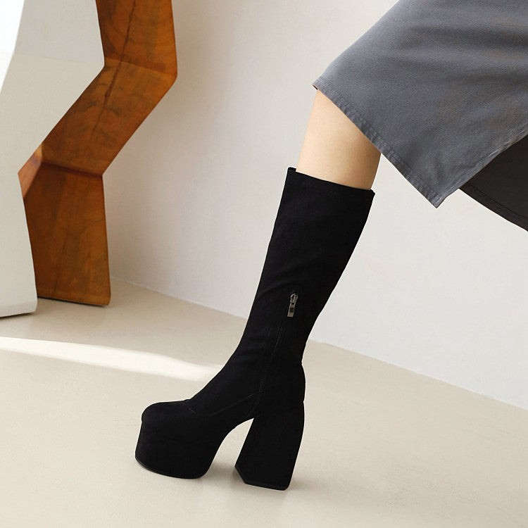 Women's Leopard Print Round Toe Stitching Block Heel Platform Knee High Boots