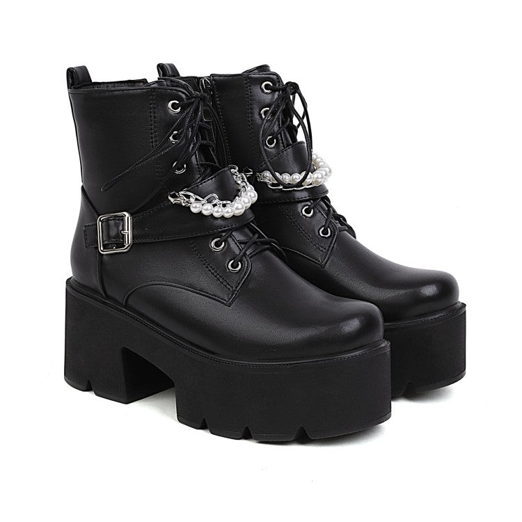 Women's Pu Leather Lace Up Pearls Chains Block Heel Platform Short Boots