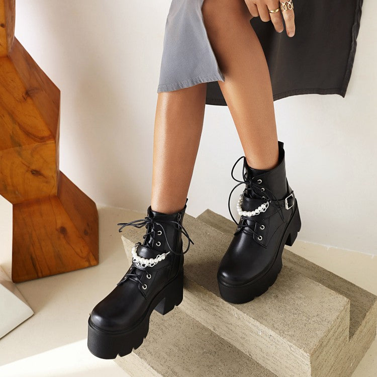Women's Pu Leather Lace Up Pearls Chains Block Heel Platform Short Boots
