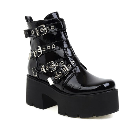 Women's Round Toe Buckle Straps Block Heel Platform Short Boots