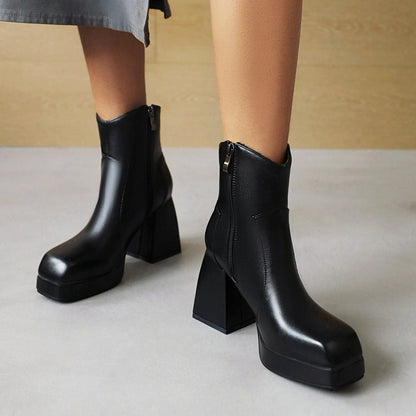 Women's Pu Leather Stitching Side Zippers Block Heel Platform Short Boots