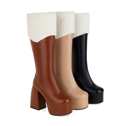 Women's Round Toe Side Zippers Fold Block Heel Platform Knee High Boots