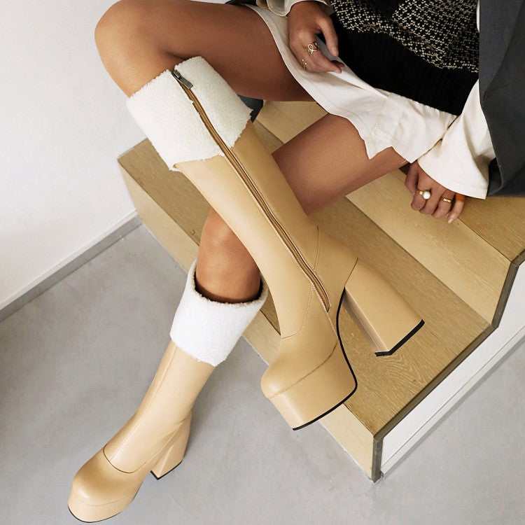 Women's Round Toe Side Zippers Fold Block Heel Platform Knee High Boots