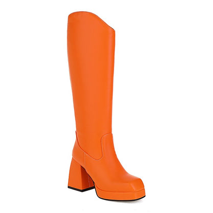 Women's Candy Color Stitching Block Heel Platform Knee High Boots