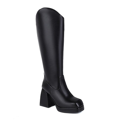 Women's Candy Color Stitching Block Heel Platform Knee High Boots