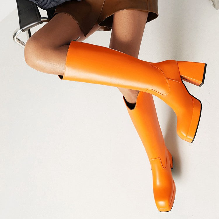 Women's Candy Color Stitching Block Heel Platform Knee High Boots