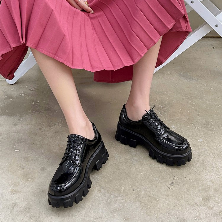 Women's Glossy Round Toe Lace Up Platform Block Heel Shoes