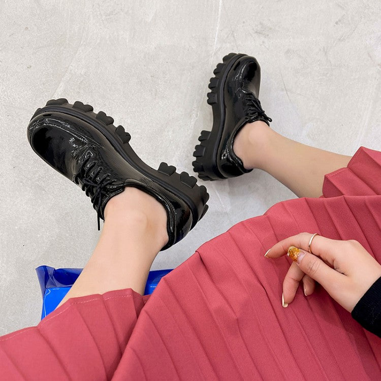 Women's Glossy Round Toe Lace Up Platform Block Heel Shoes