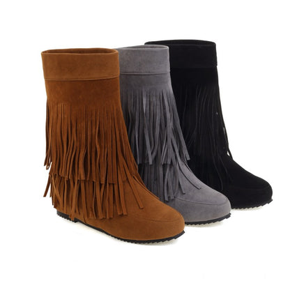 Women's Flock Round Toe Tassel Flat Inside Heighten Mid Calf Boots