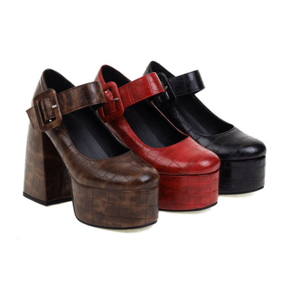 Women's Crocodile Pattern Pu Leather Belts Buckles Chunky Heel Platform Mary Jane Shoes