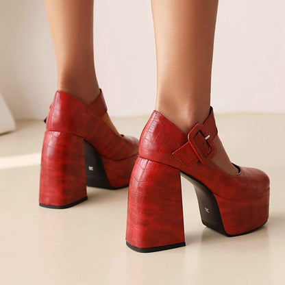 Women's Crocodile Pattern Pu Leather Belts Buckles Chunky Heel Platform Mary Jane Shoes