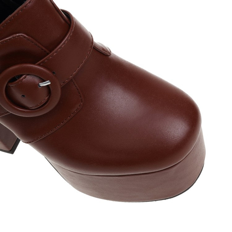 Women's Pu Leather Round Toe Belts Buckles Block Heel Platform High Heels Shoes