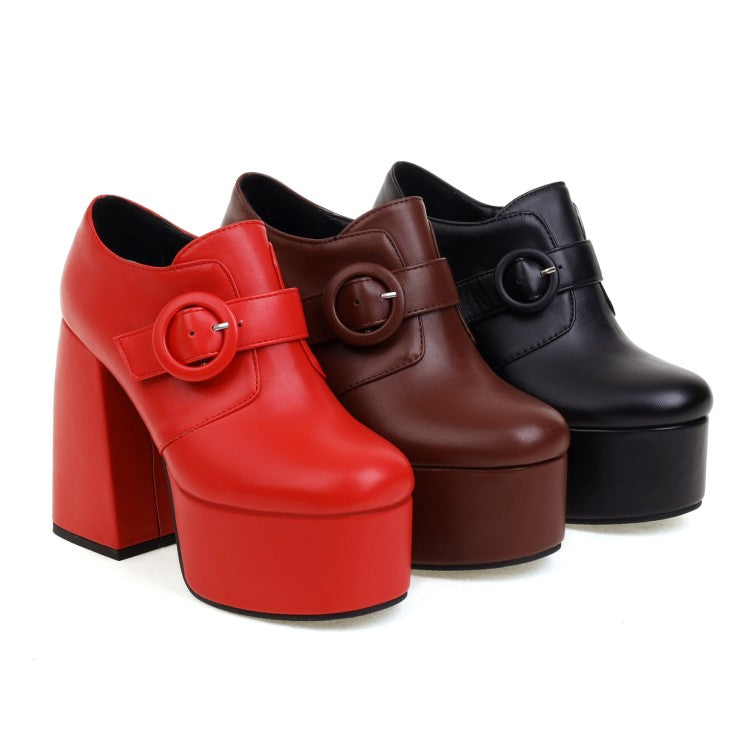 Women's Pu Leather Round Toe Belts Buckles Block Heel Platform High Heels Shoes