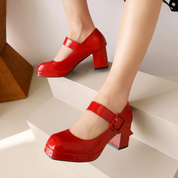 Women's Platform Pumps Glossy Square Toe Mary Janes Buckle Straps Block Chunky Heel
