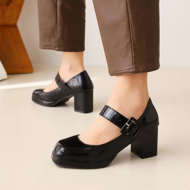 Women's Platform Pumps Glossy Square Toe Mary Janes Buckle Straps Block Chunky Heel