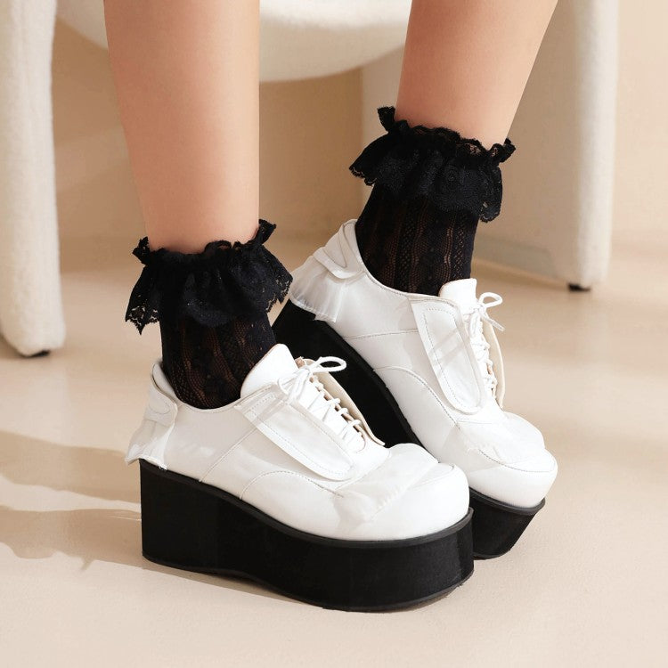 Women's Lolita Solid Color Lace Cross Tied Strap Platform Flats