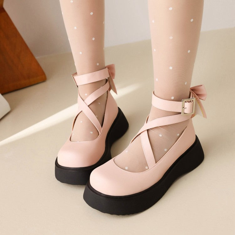 Women's Lolita Solid Color Round Toe Cross Strap Platform Flats