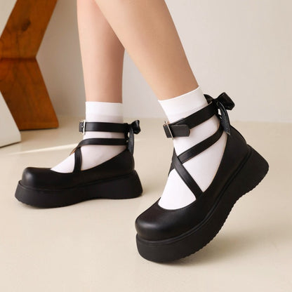 Women's Lolita Solid Color Round Toe Cross Strap Platform Flats