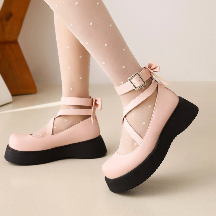 Women's Lolita Solid Color Round Toe Cross Strap Platform Flats