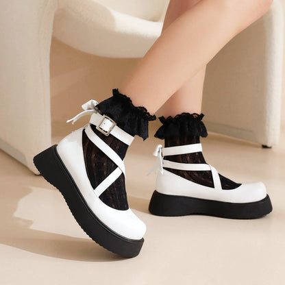 Women's Lolita Solid Color Round Toe Cross Strap Platform Flats