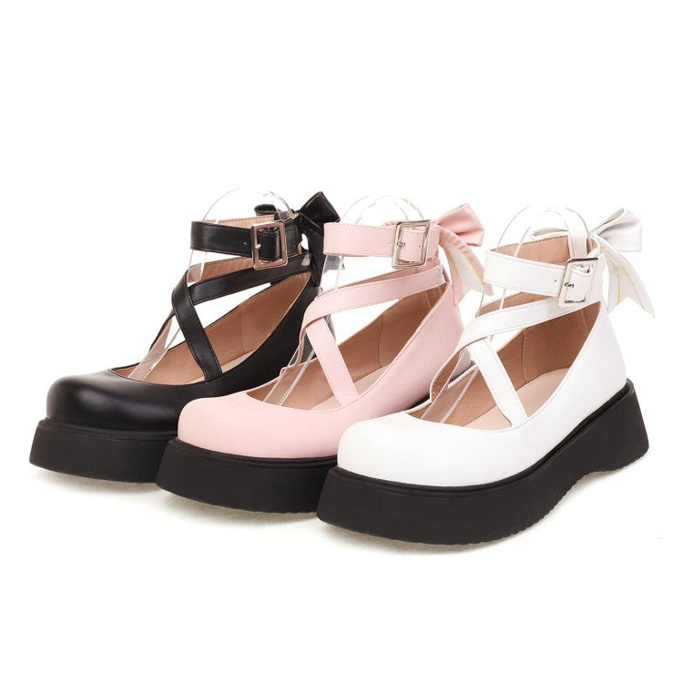 Women's Lolita Solid Color Round Toe Cross Strap Platform Flats