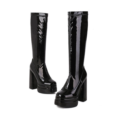 Women's Square Toe Side Zippers Chunky Heel Platform Knee High Boots