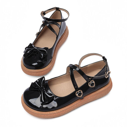 Women's Patent Leather Bowtie Ankle Strap Flats Shoes