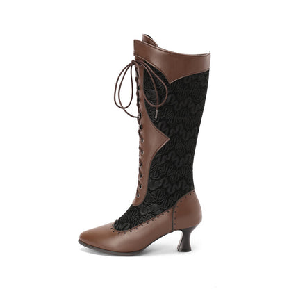 Women's Stitch Patchwork Lace Up Kitten Heel Knee High Boots