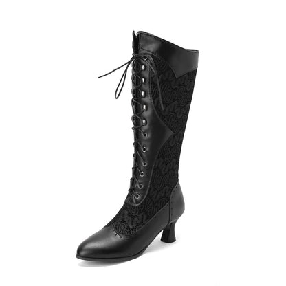 Women's Stitch Patchwork Lace Up Kitten Heel Knee High Boots