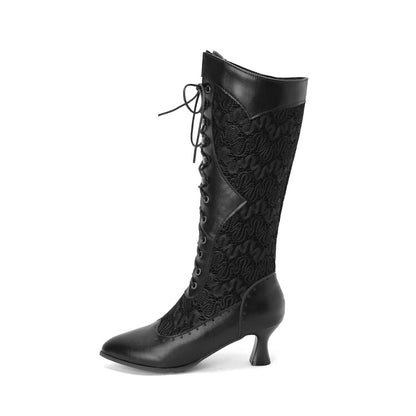 Women's Stitch Patchwork Lace Up Kitten Heel Knee High Boots