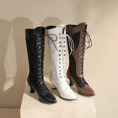 Women's Stitch Patchwork Lace Up Kitten Heel Knee High Boots