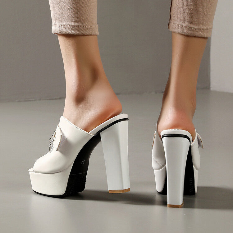 Women's Solid Color Peep Toe Mules Platform Chunky Heel Sandals