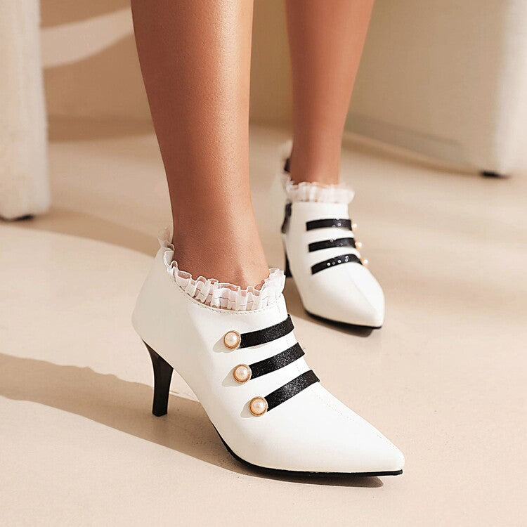Pointed Toe Lace Pearl Women's High Heels Thin Heel Shoes
