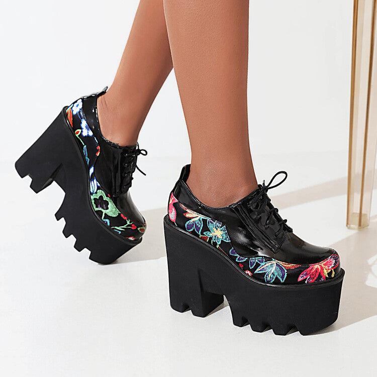 Women's Thick Sole Patent Leather Strap Flora Print Chunky Platform High Heels