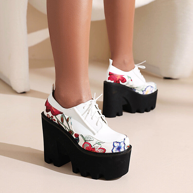 Women's Thick Sole Patent Leather Strap Flora Print Chunky Platform High Heels