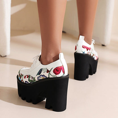 Women's Thick Sole Patent Leather Strap Flora Print Chunky Platform High Heels