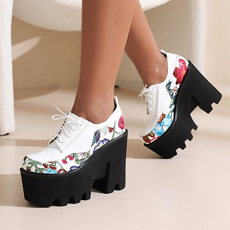 Women's Thick Sole Patent Leather Strap Flora Print Chunky Platform High Heels