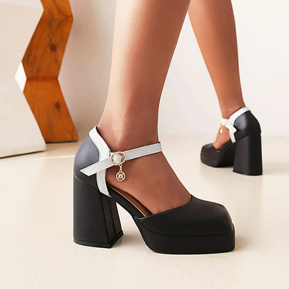 Women's Square Toe Ankle Strap Metal Buckle Platform Block Heel Sandals