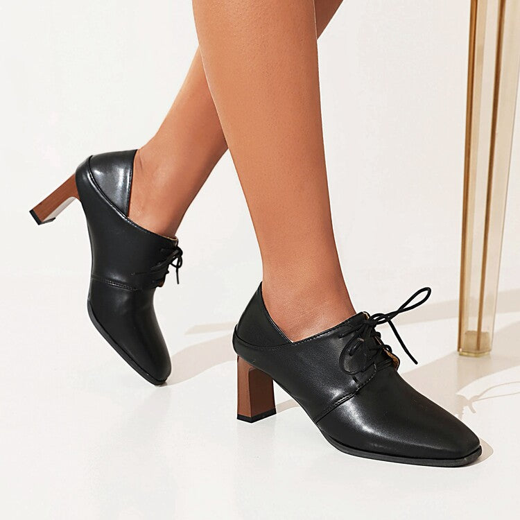 Women's's Square Toe Low Up Block Heels Shoes