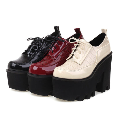 Women's Plus Size Patent Leather Solid Color Lace Up Platform High Heels