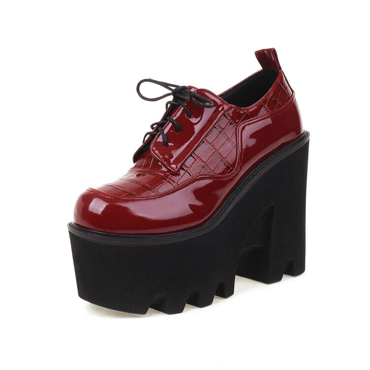 Women's Plus Size Patent Leather Solid Color Lace Up Platform High Heels