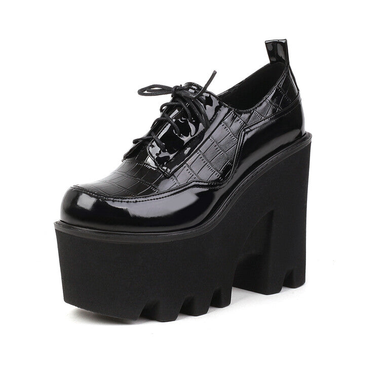 Women's Plus Size Patent Leather Solid Color Lace Up Platform High Heels
