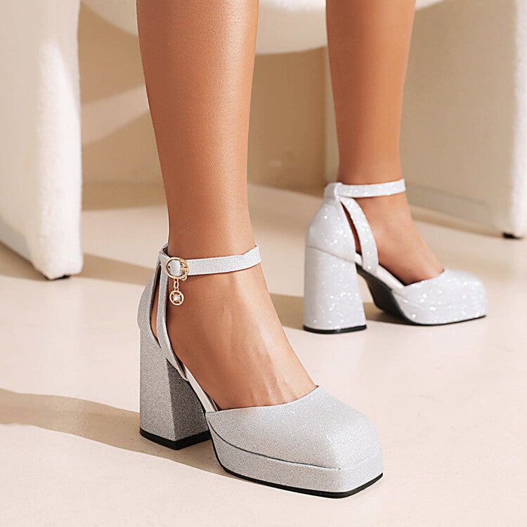 Women's Sparkling Square Toe Ankle Strap Metal Buckle Chunky Heel Platform Sandals