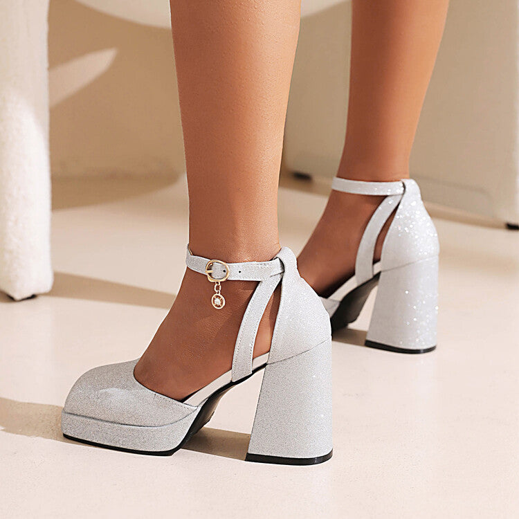 Women's Sparkling Square Toe Ankle Strap Metal Buckle Chunky Heel Platform Sandals