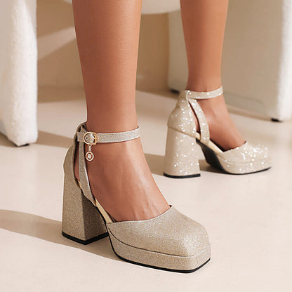 Women's Sparkling Square Toe Ankle Strap Metal Buckle Chunky Heel Platform Sandals