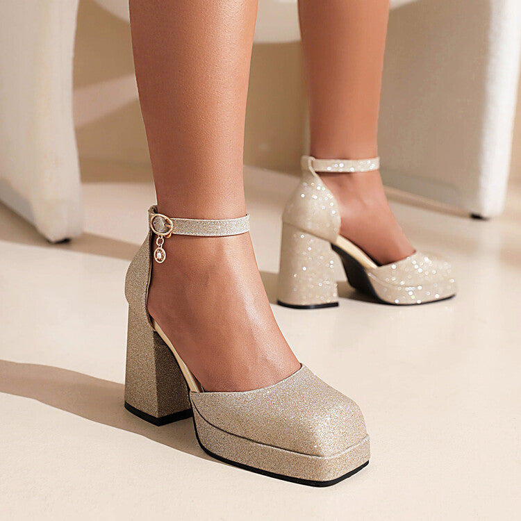Women's Sparkling Square Toe Ankle Strap Metal Buckle Block Heel Sandals